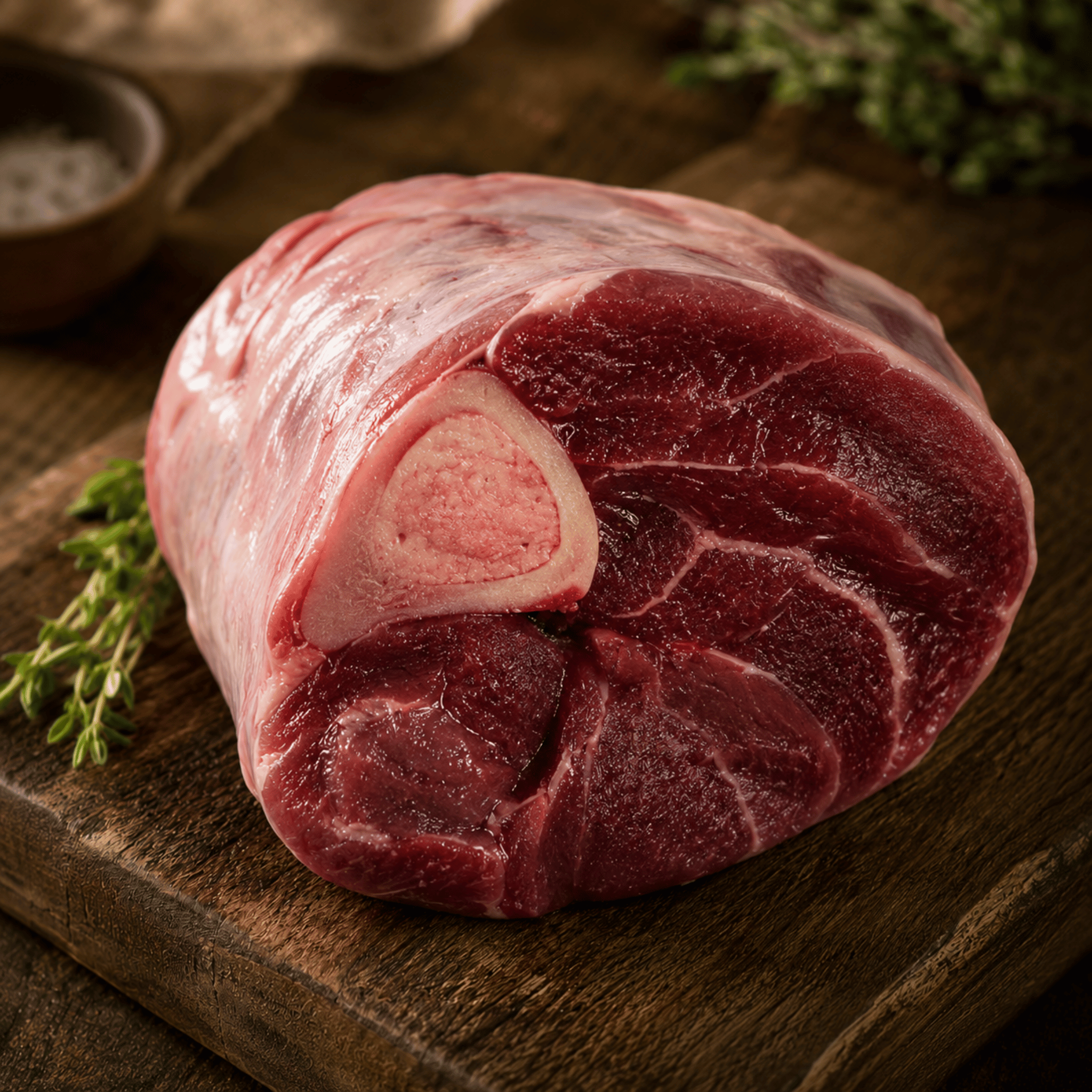 bison osso buco raw on a wooden cutting board with herbs and salt in the background