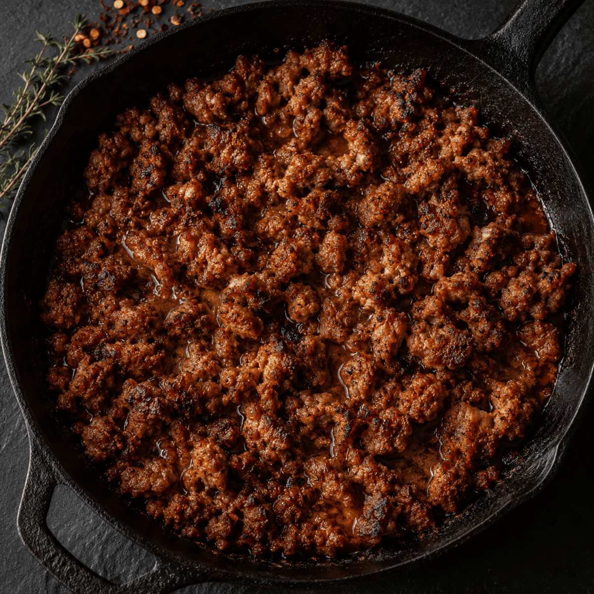 Crispy browned ground KuneKune pork sausage in a black cast iron skillet, photographed from above on a dark surface with a few scattered peppercorns and herbs in the corner.