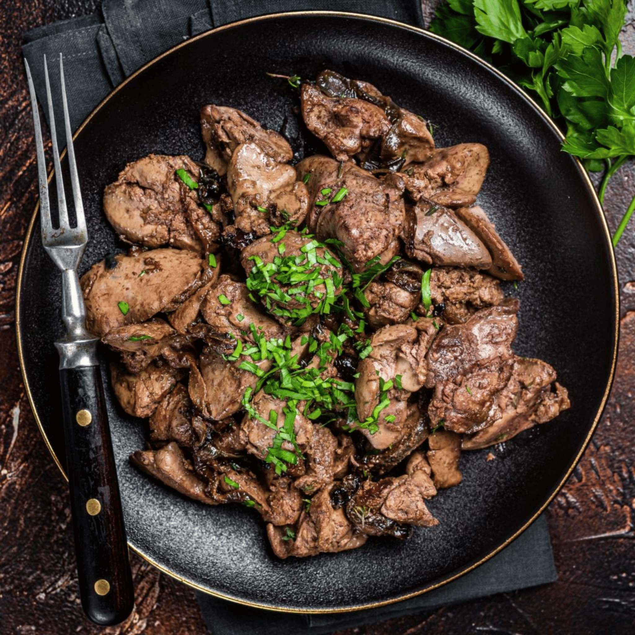 Pasture raised chicken livers sautéed with onions and herbs