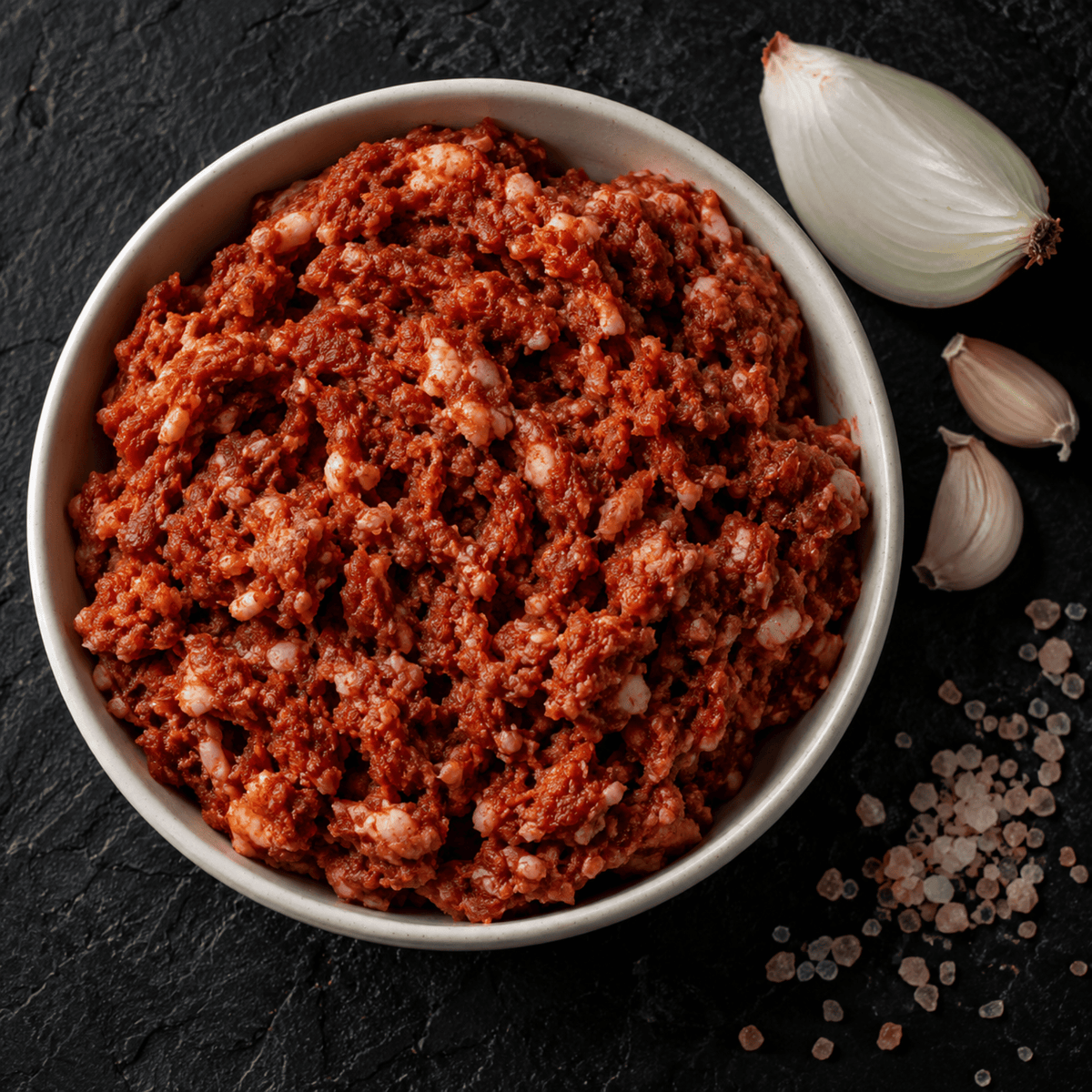 A white ceramic bowl filled with textured, KuneKune pork sausage, photographed from above on a dark stone surface. A whole white onion, three garlic cloves, and coarse salt are arranged around the bowl as styling props.