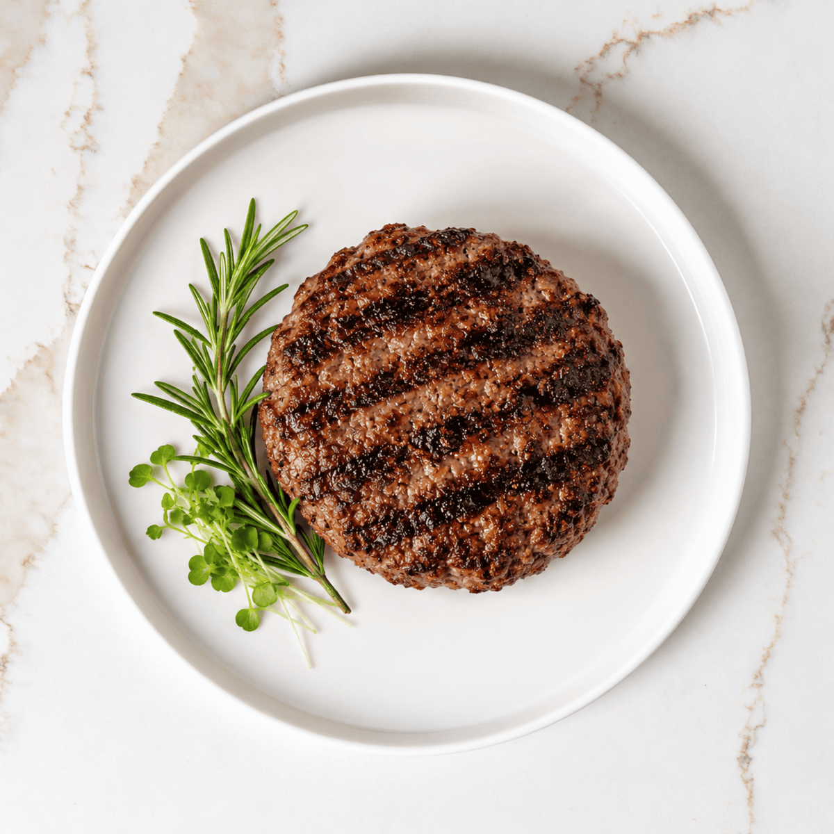 A cooked ancestral ground beef hamburger patty with dark grill marks sits on a white plate, garnished with a sprig of rosemary and green herbs, on a light marble surface.