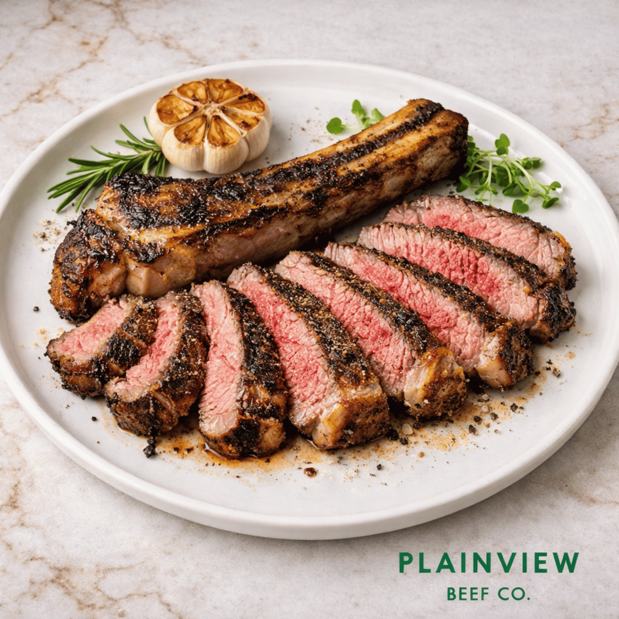 Sliced steak on a plate with herbs and garlic, branded 'Plainview Beef Co.'