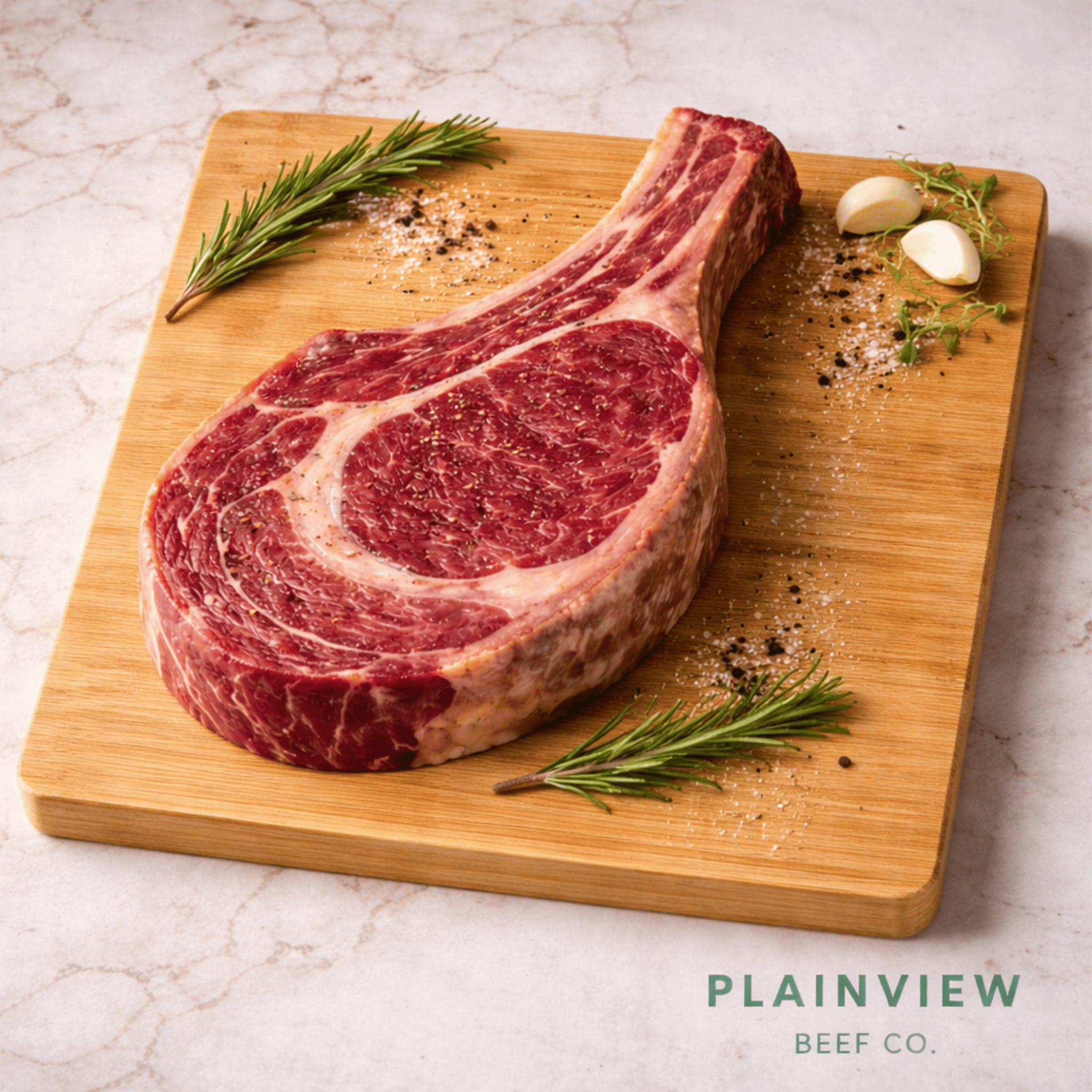 Raw steak on a wooden cutting board with rosemary and garlic, Plainview Beef Co. branding visible.
