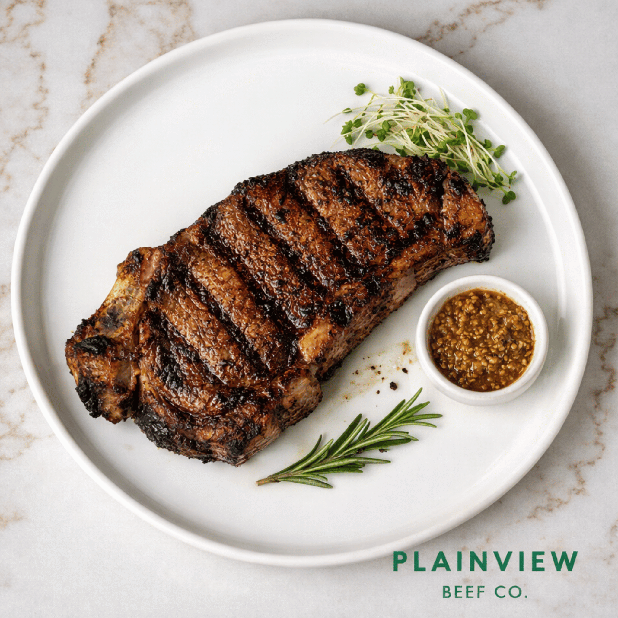 Grilled steak on a white plate with a side of green herbs and a small bowl of sauce, on a marble surface. Plainview Beef Co.