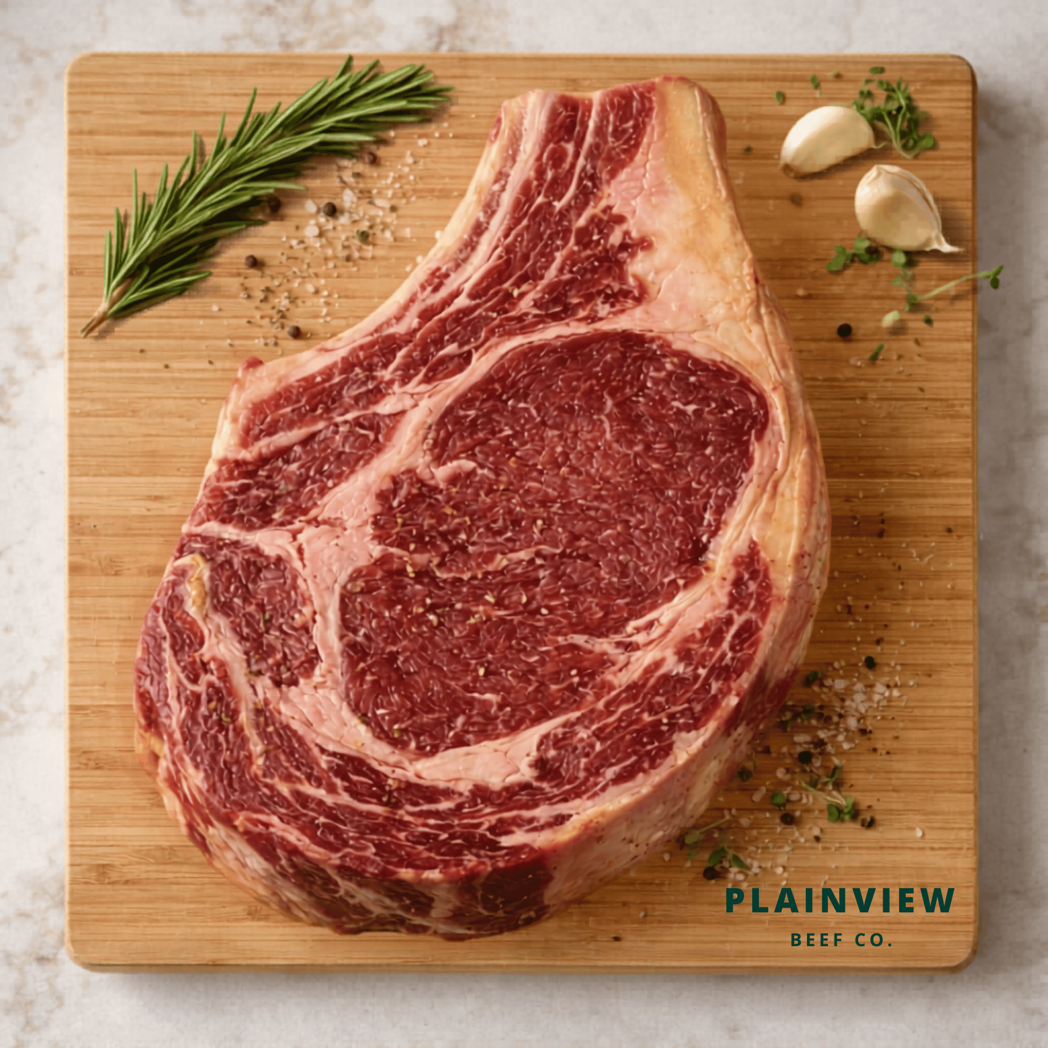 Raw ribeye steak on a wooden cutting board with herbs and spices, Plainview Beef Co. branding visible.