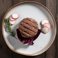 Grilled bison burger on a plate with radishes and purple cabbage on a wooden surface