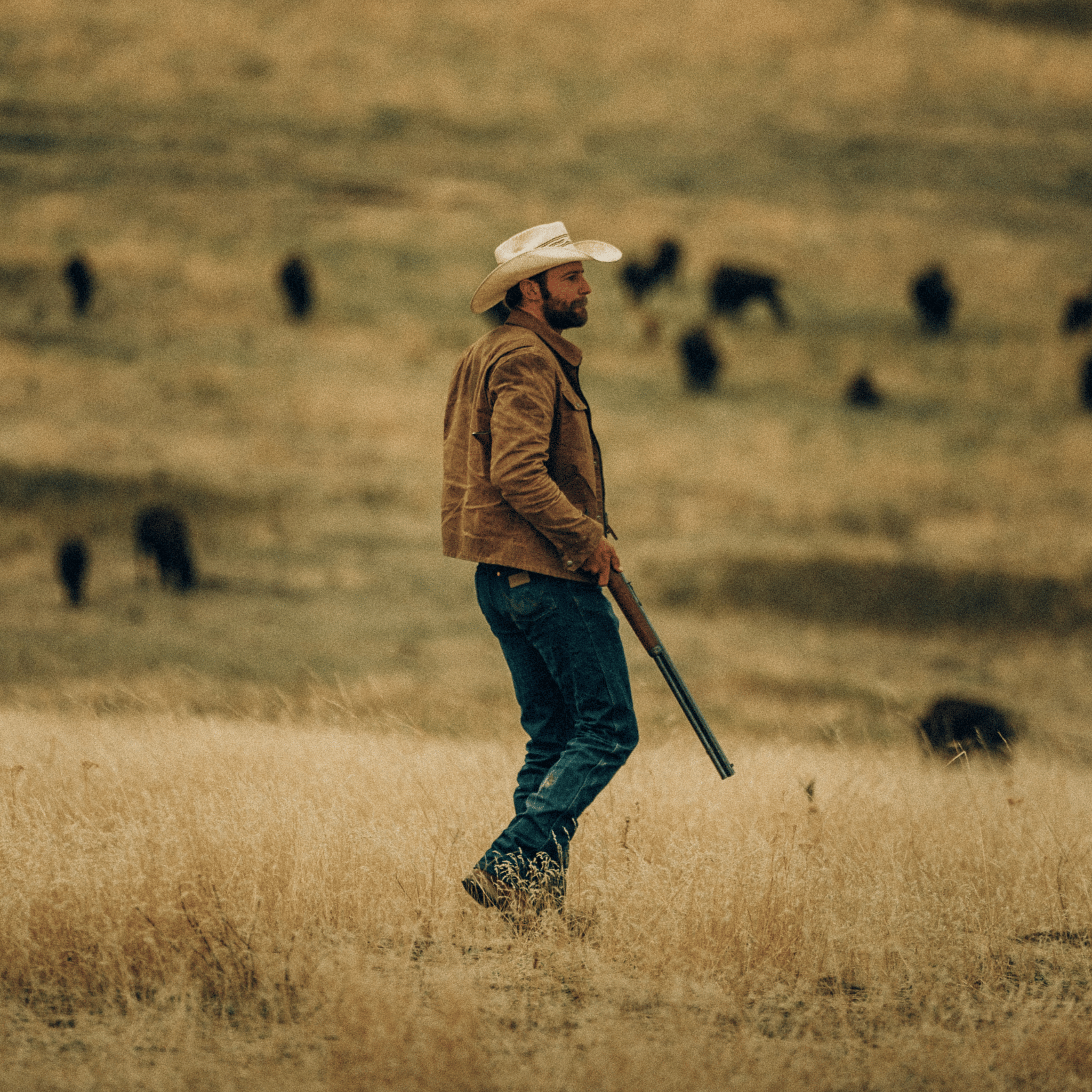 Man in a cowboy hat and leather jacket walking through a field with bison in the background