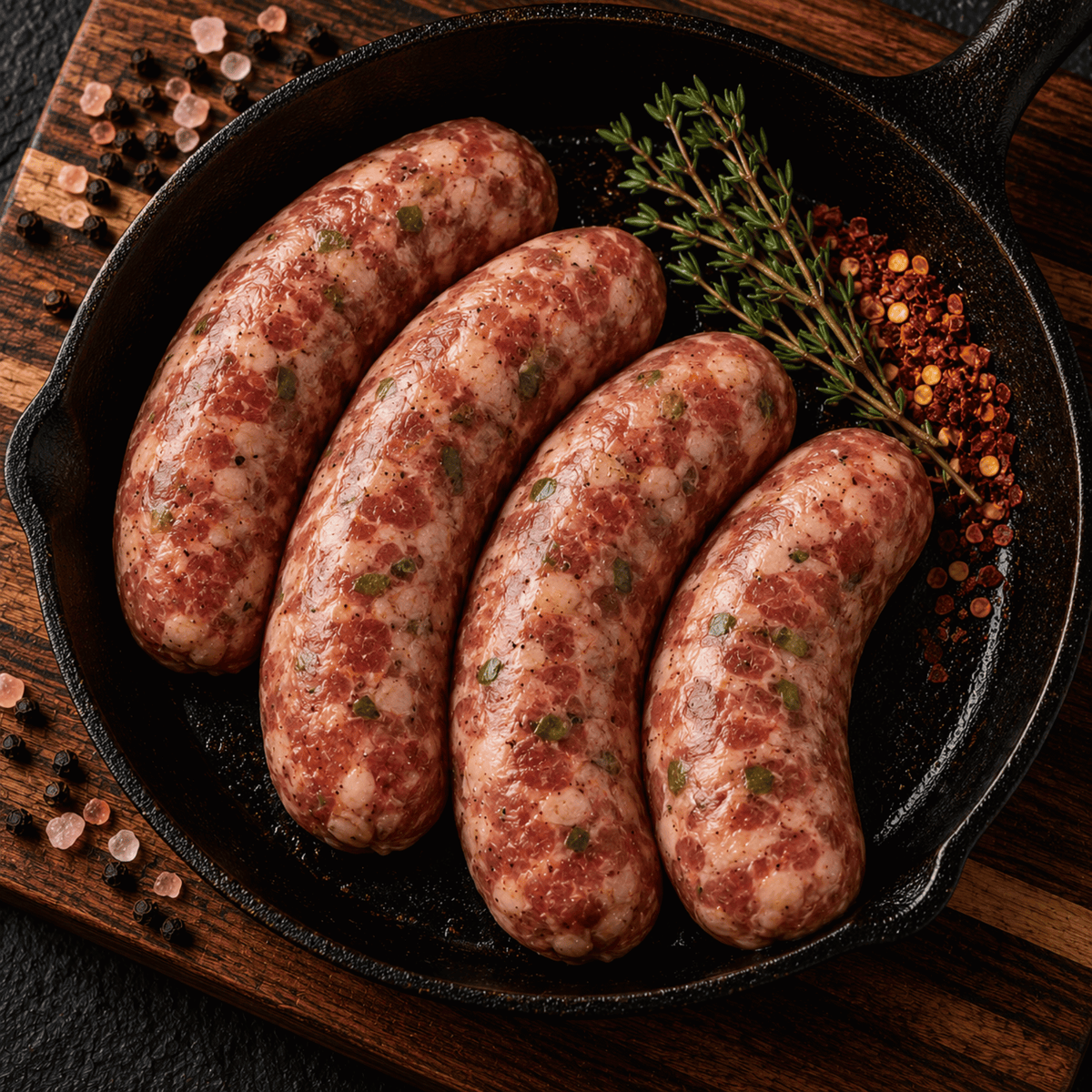 Four raw ground KuneKune pork bratwurst arranged in a black cast-iron skillet with a sprig of fresh thyme and red pepper flakes, set on a rustic wooden board with scattered peppercorns.