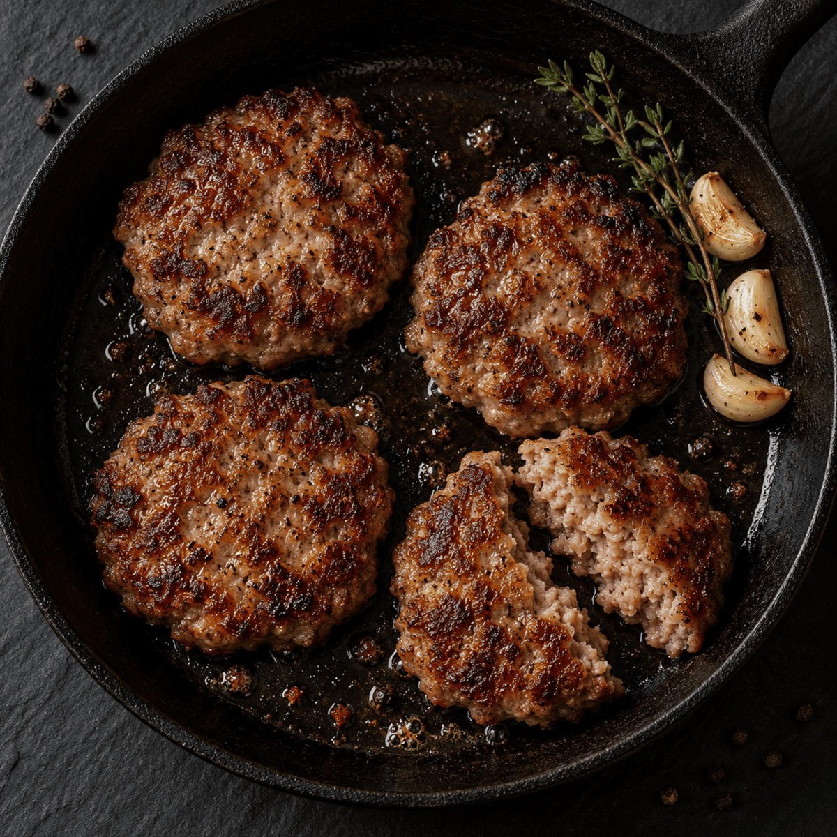 Four browned ground KuneKune pork patties in a black cast-iron skillet with garlic cloves and a sprig of thyme, photographed from above on a dark surface.