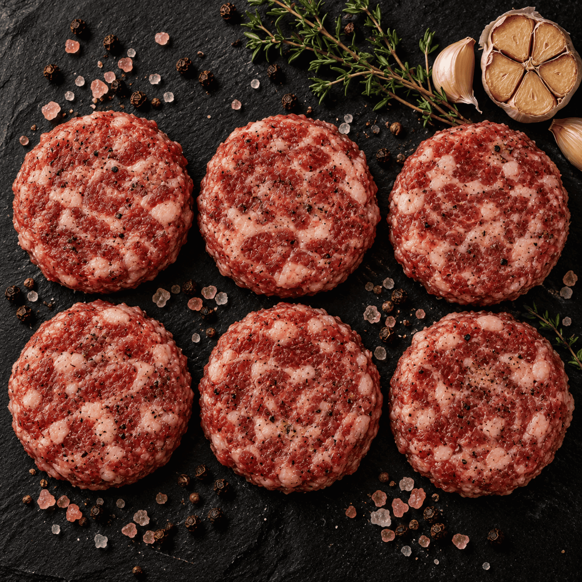 Six raw ground KuneKune pork patties arranged in two rows on a dark stone surface, with coarse salt, peppercorns, garlic, and herbs around them.
