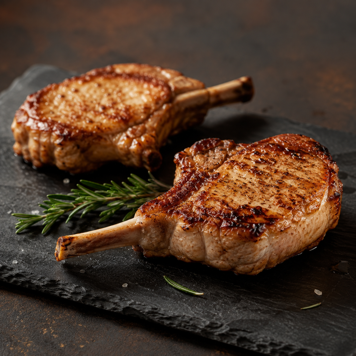 Two grilled lamb chops with a golden-brown seared crust, served on a dark slate platter with a sprig of rosemary against a dark rustic background. Paradise Meats Pork Chops