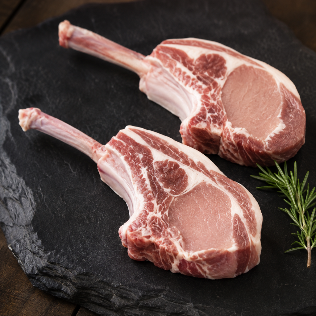 Two raw lamb chops with visible bone, arranged on a dark slate serving board with a small sprig of rosemary. Paradise Meats on Valor Provisions