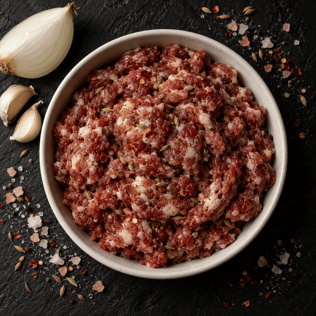 Raw ground KuneKune pork mixture in a white ceramic bowl, styled with whole garlic, garlic cloves, coarse salt, and red pepper flakes on a dark textured background.