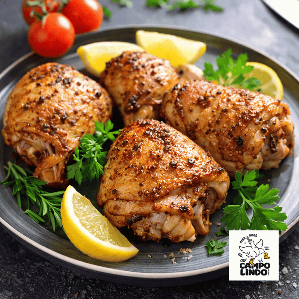 Roasted chicken thighs on a plate with lemon wedges and parsley, featuring the Campo Lindo logo.