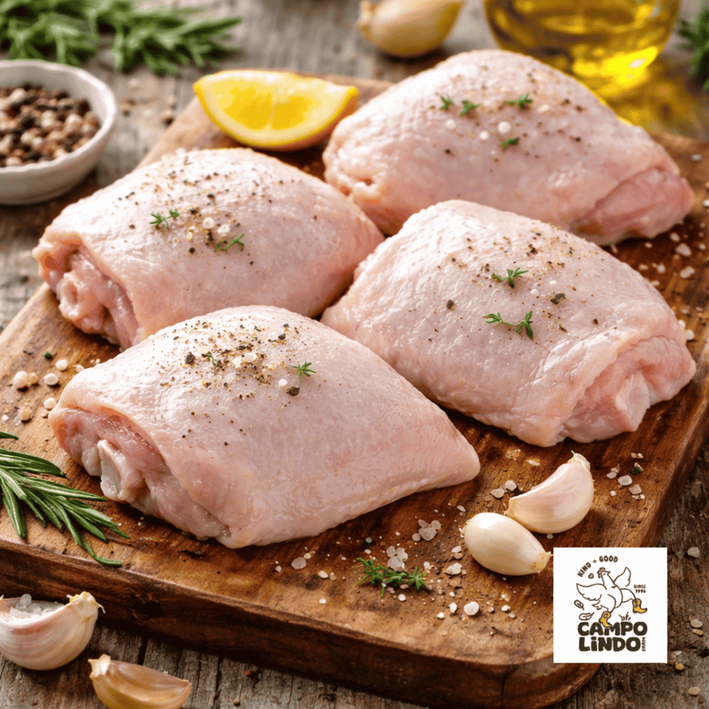 Raw chicken thighs on a wooden board with herbs and spices, Campo Lindo logo visible