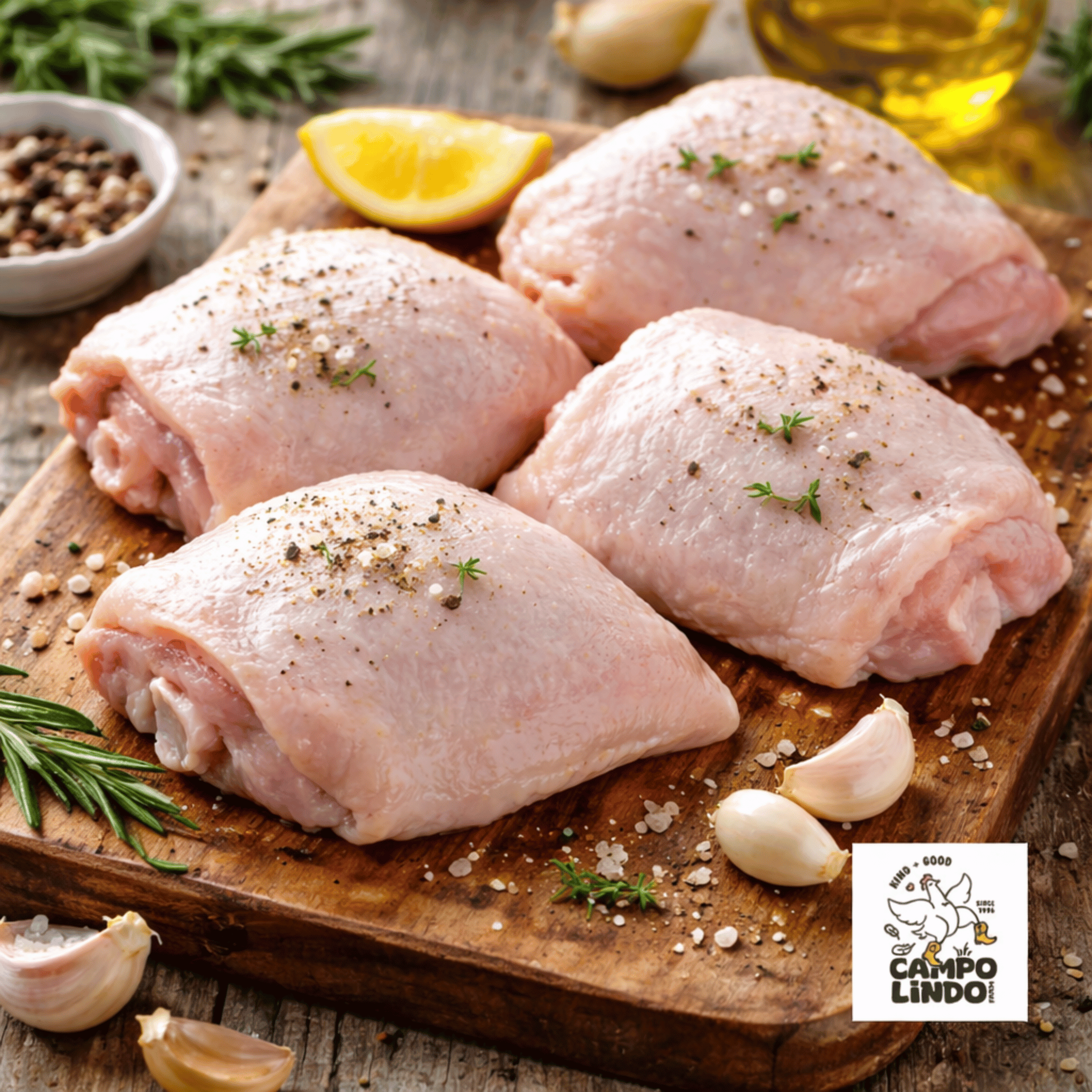 Raw chicken thighs on a wooden board with herbs and spices, Campo Lindo logo visible