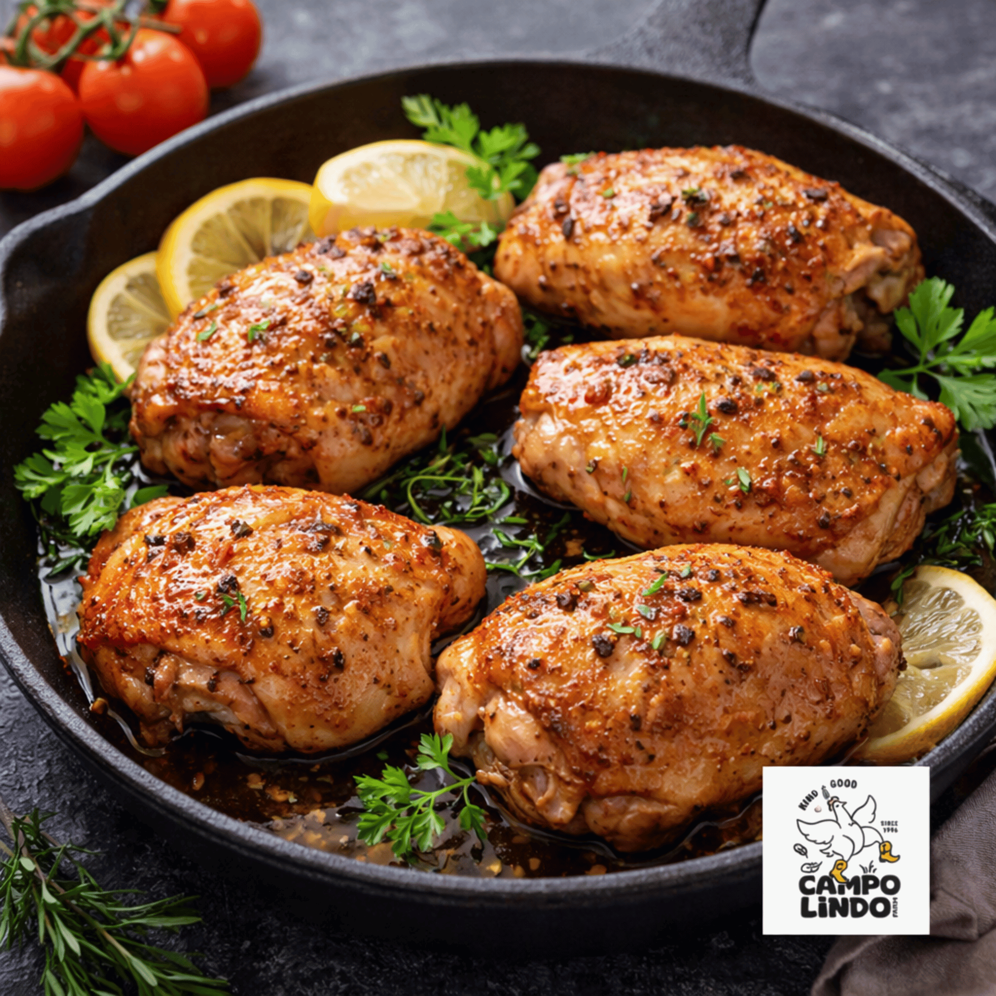 Seared chicken breasts in a skillet with lemon slices and parsley, Campolindo brand logo visible.