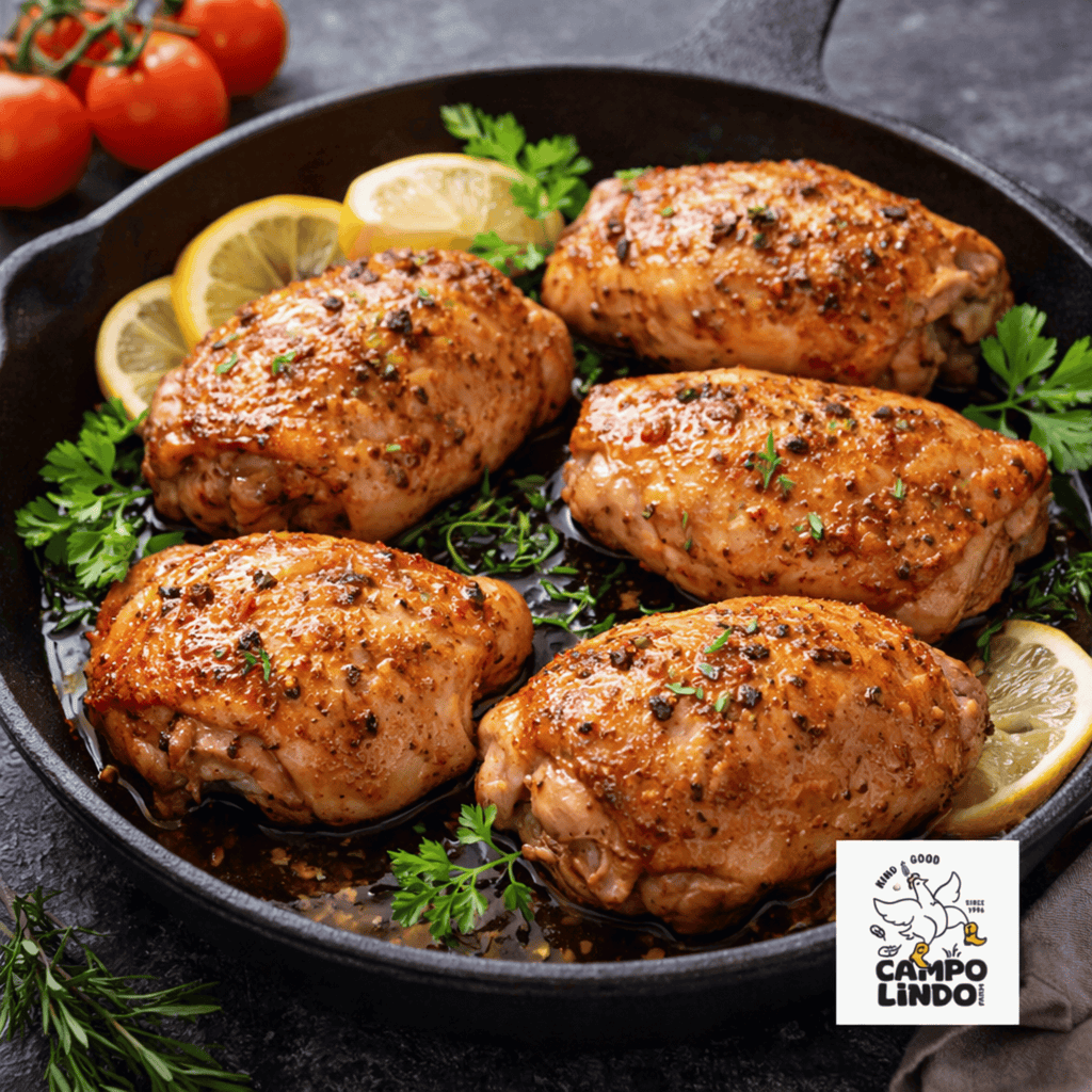 Seared chicken breasts in a skillet with lemon slices and parsley, Campolindo brand logo visible.
