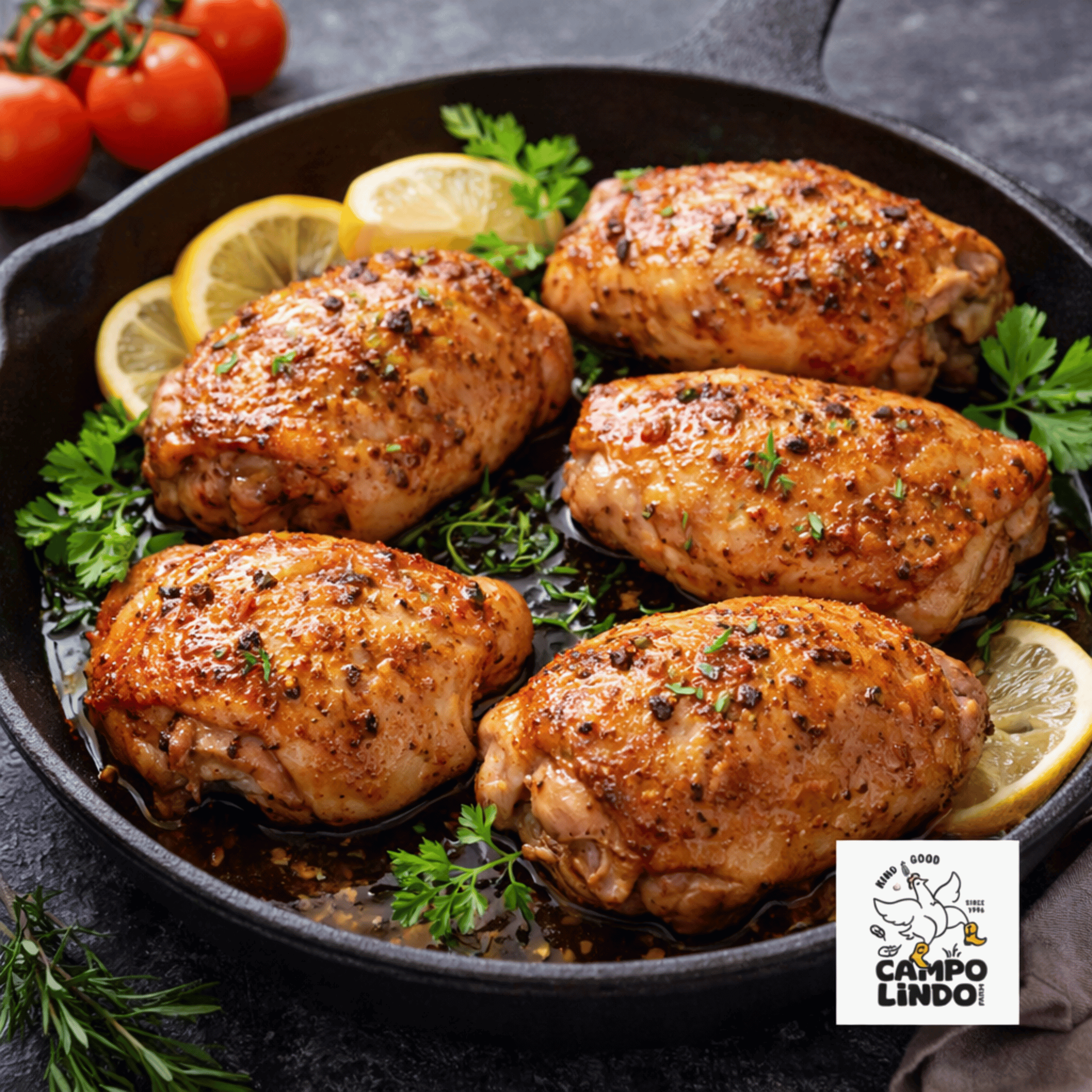 Seared chicken breasts in a skillet with lemon slices and parsley, Campolindo brand logo visible.