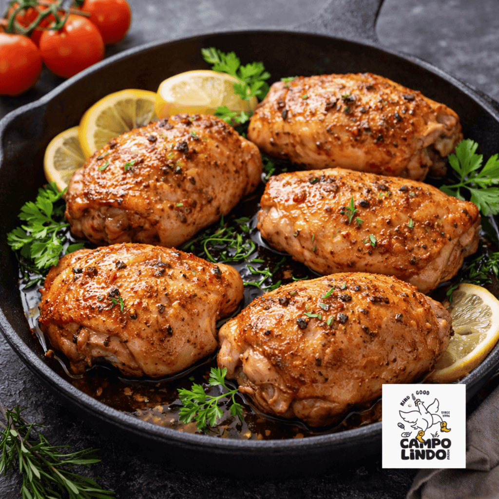 Seared chicken breasts in a skillet with lemon slices and parsley, Campolindo brand logo visible.