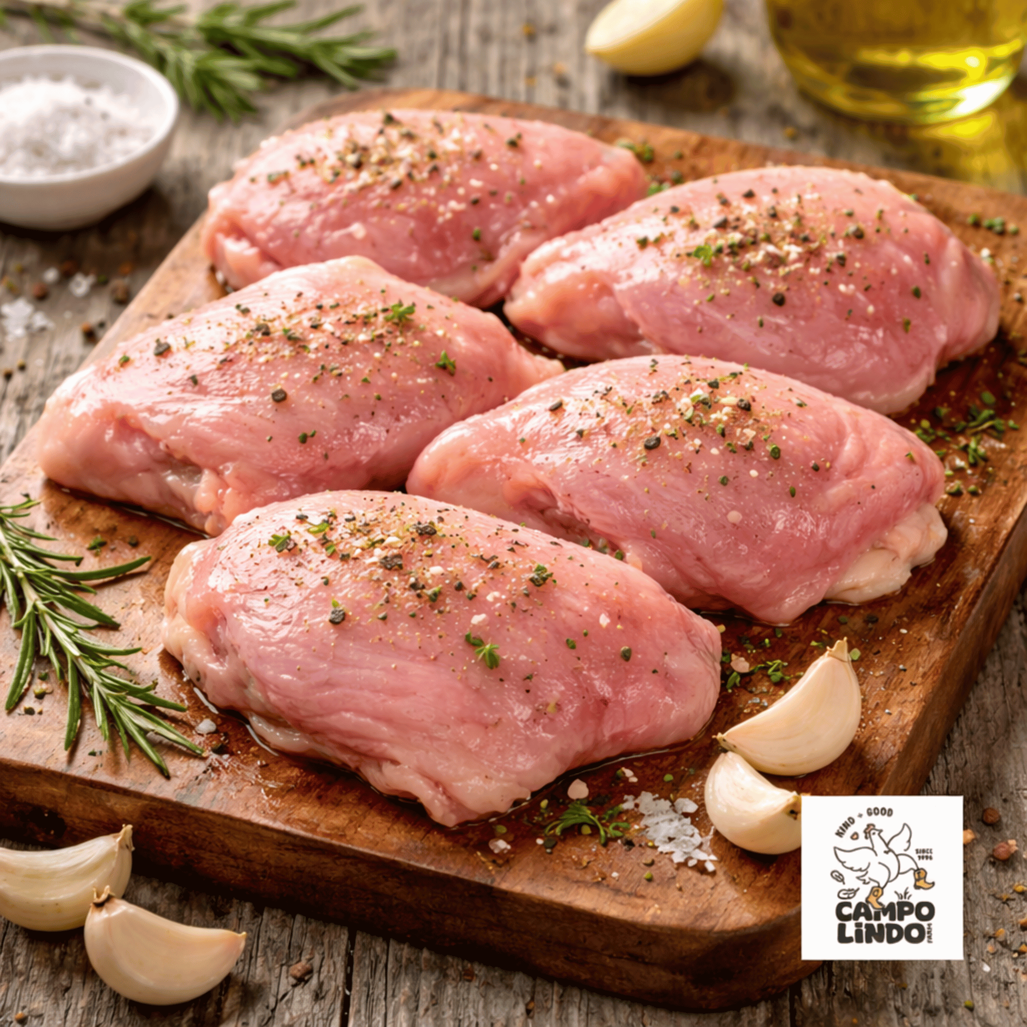 Raw boneless chicken thighs on a wooden board with herbs and garlic, featuring Campo Lindo logo.