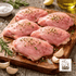 Raw boneless chicken thighs on a wooden board with herbs and garlic, featuring Campo Lindo logo.