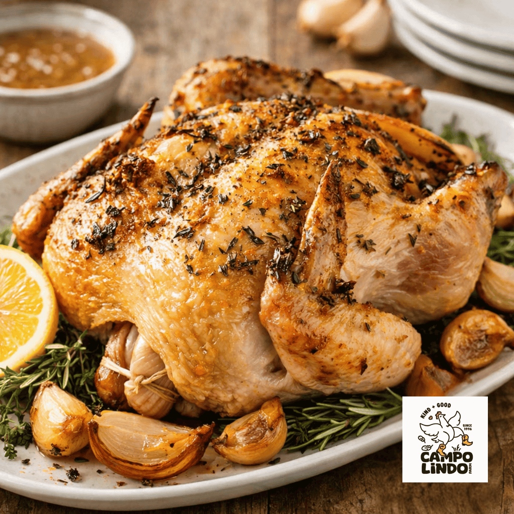 Roasted chicken on a platter with herbs and lemon, served with garlic bulbs and a bowl of sauce.