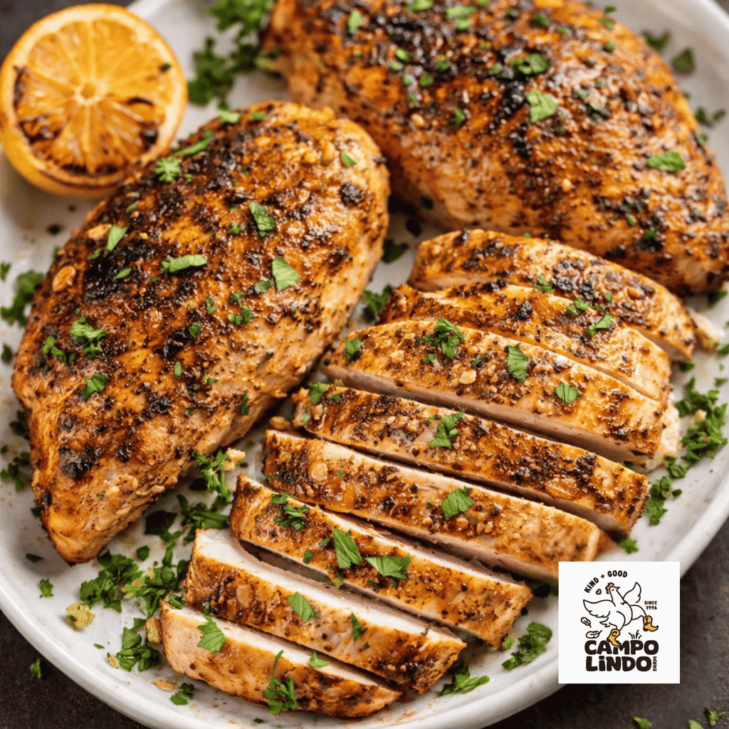 Sliced grilled chicken breast on a plate with herbs and a lemon wedge, featuring the Campo Lindo logo.