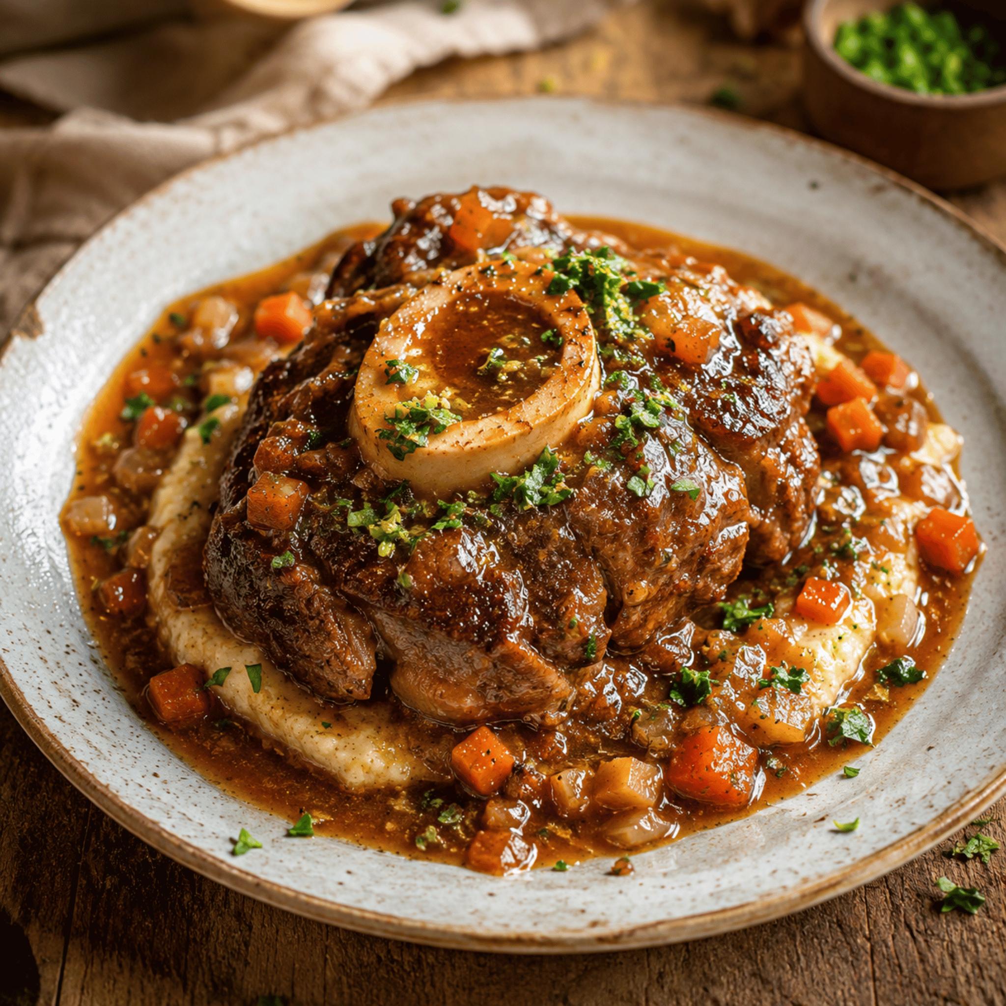 Plated dish of bison osso buco with carrots and mashed potatoes on a wooden table.