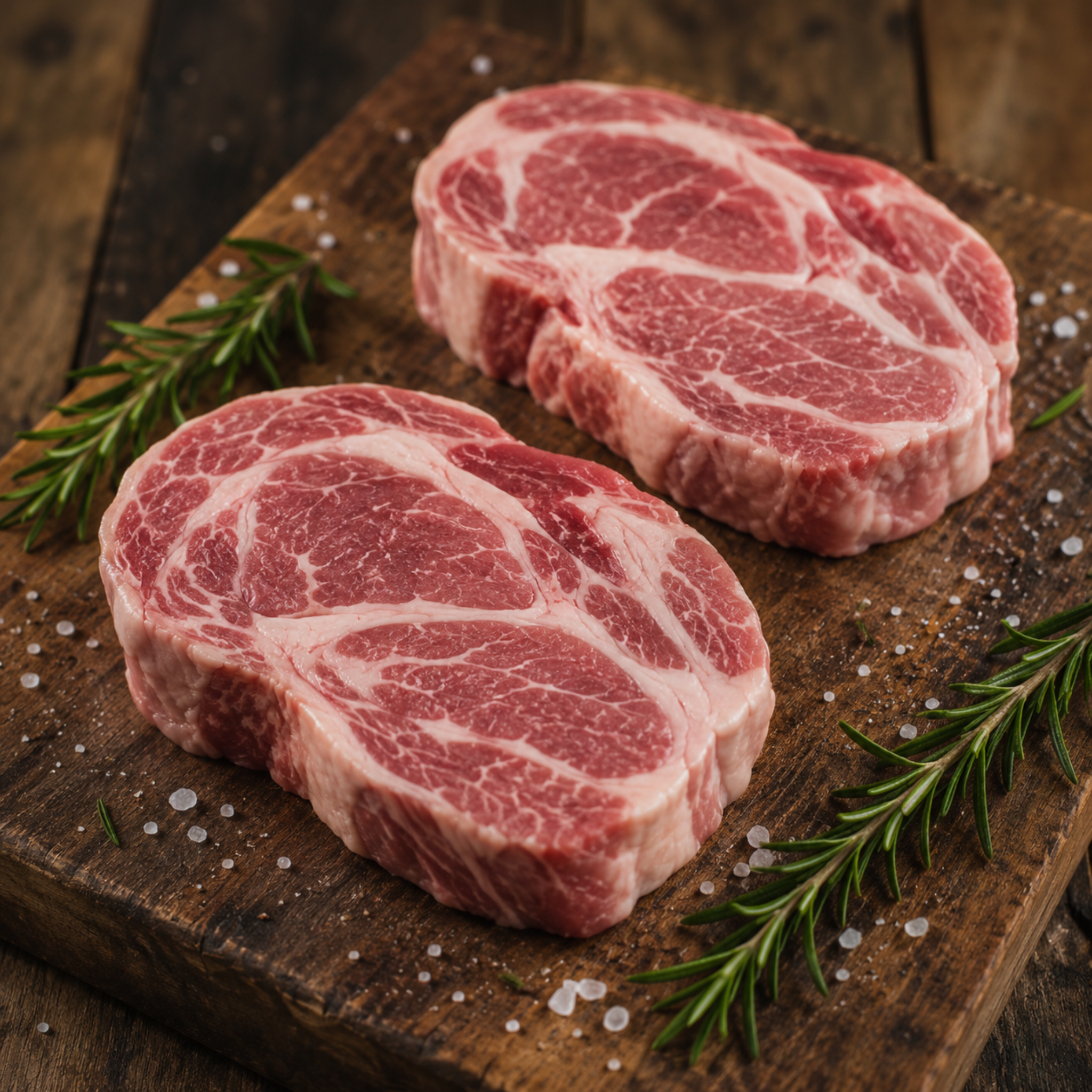 Paradise meats two thick marbled pork ribeye on a rustic wooden cutting board with rosemary sprigs and coarse sea salt.