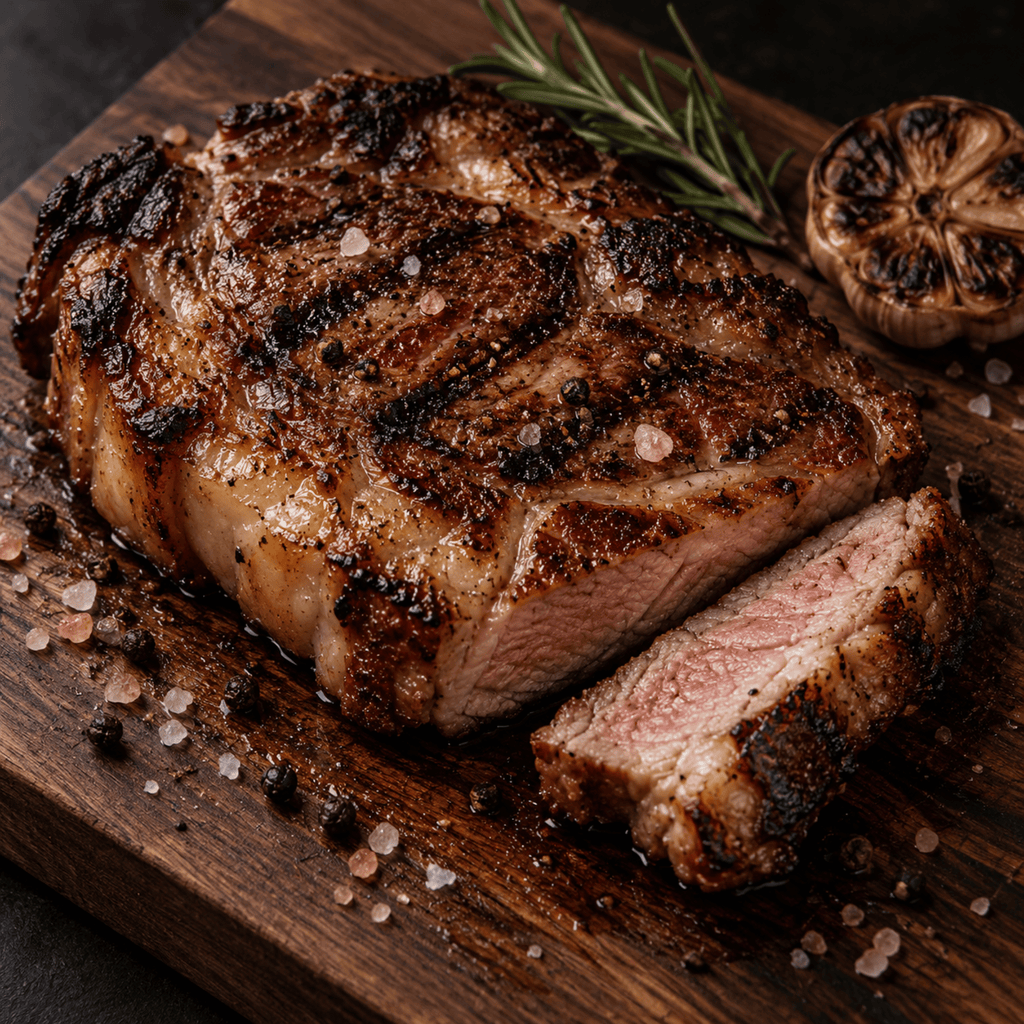 A close-up of a grilled pork shoulder KuneKune steak on a dark wooden cutting board, with one slice cut and placed beside the main piece. Rosemary, a garlic bulb, and coarse salt are visible around the meat.