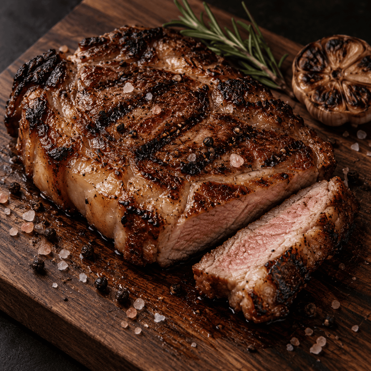A close-up of a grilled pork shoulder KuneKune steak on a dark wooden cutting board, with one slice cut and placed beside the main piece. Rosemary, a garlic bulb, and coarse salt are visible around the meat.