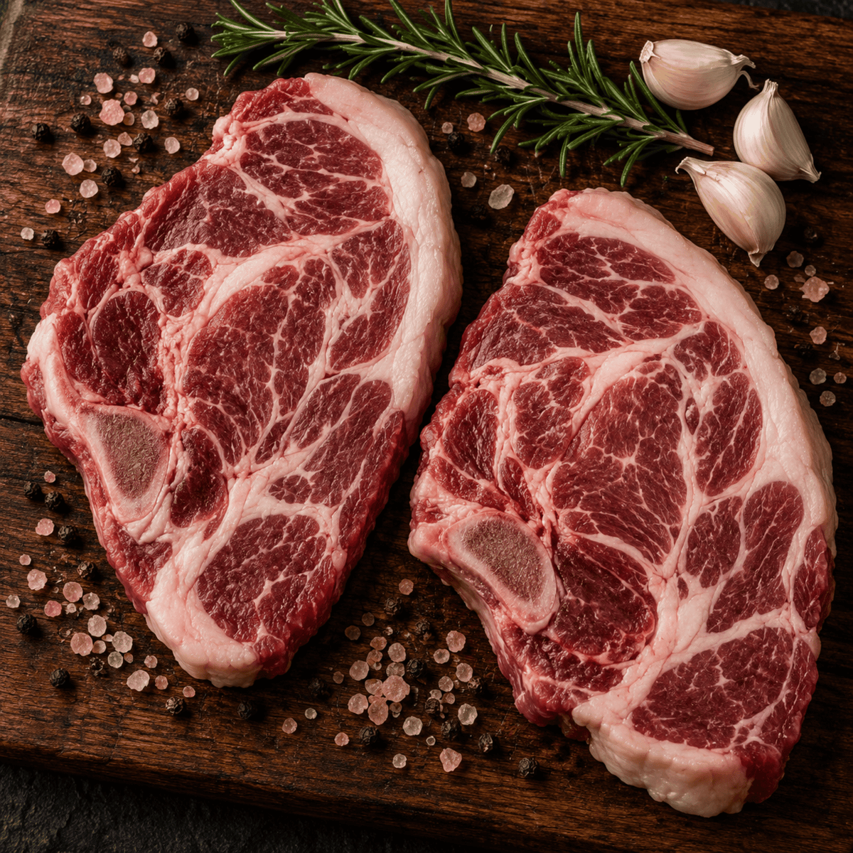 Two raw marbled Kune Kune pork steaks on a dark wooden cutting board, garnished with a sprig of rosemary, garlic cloves, and scattered coarse salt.