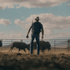 Man in a cowboy hat and jeans walking with two bison in a field under a cloudy sky.