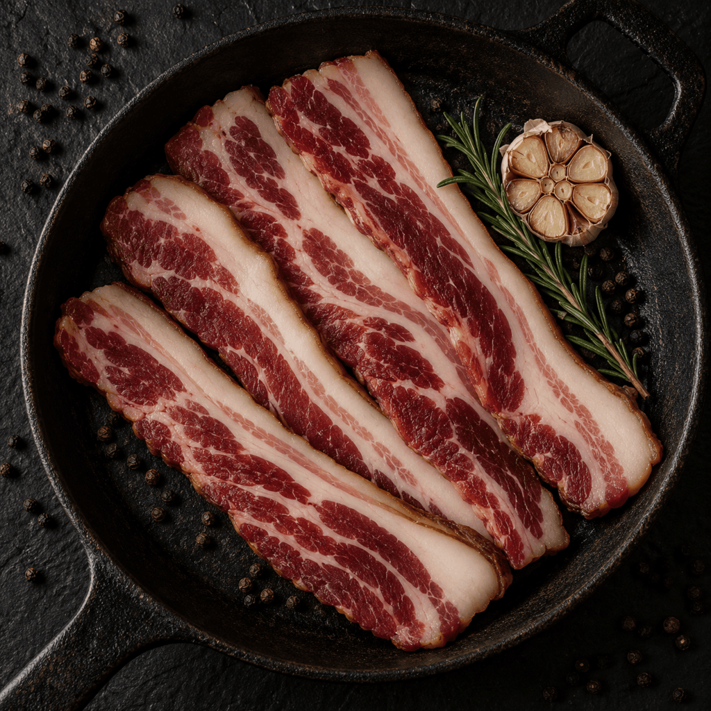 Four strips of marbled KuneKune raw bacon arranged in a black cast-iron skillet with a garlic bulb and rosemary garnish on a dark textured surface