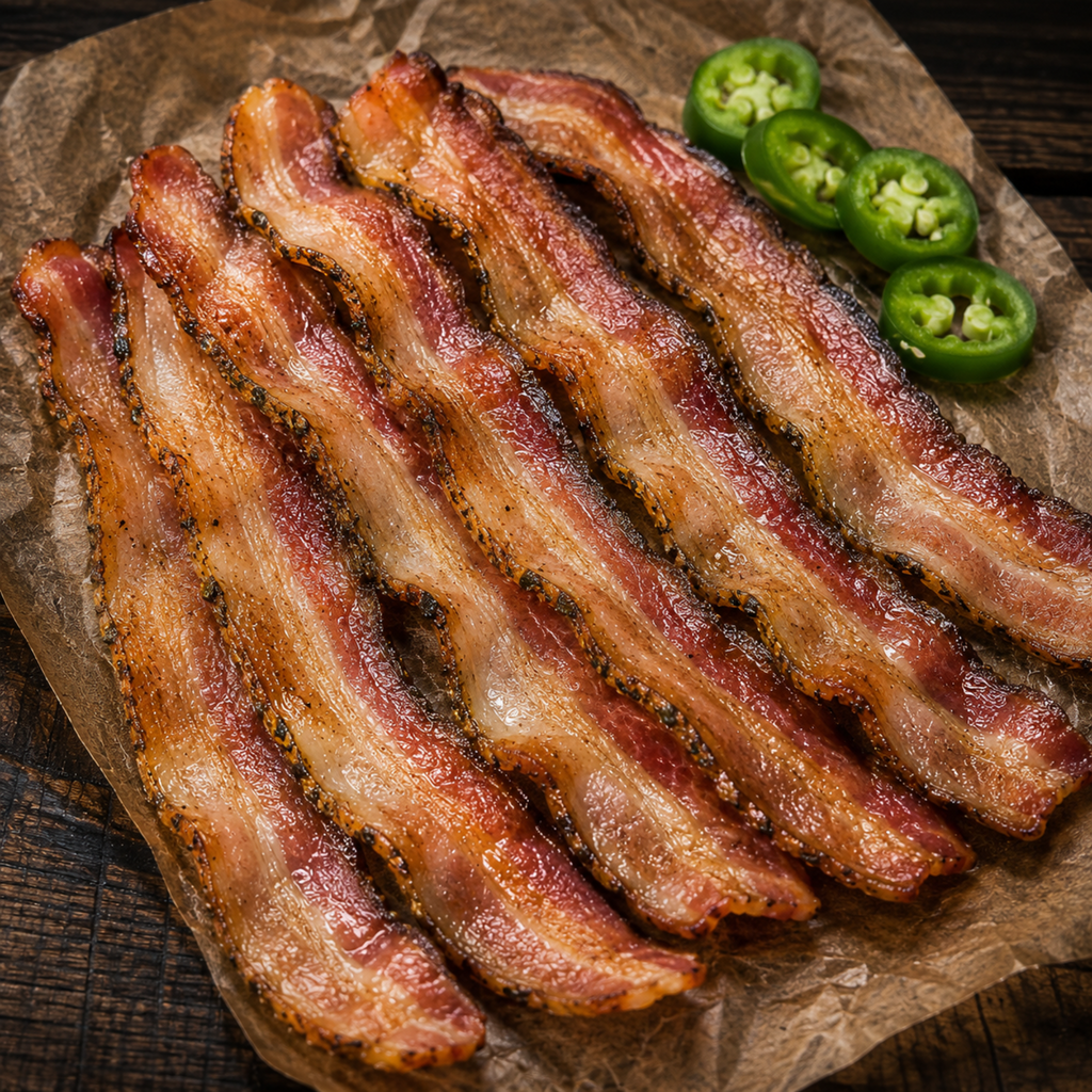 Several strips of crispy, cooked smoked jalapeno bacon from Paradise Meats, garnished with sliced green jalapeños on a dark wooden surface.