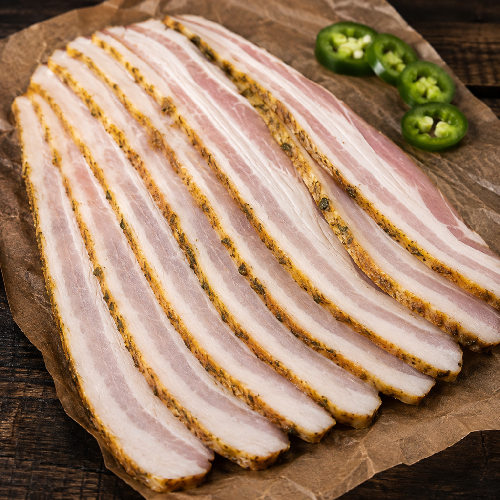 Sliced raw pork smoked jalapeno bacon from Paradise Meats arranged on brown parchment paper, with three sliced jalapeños on the right side.