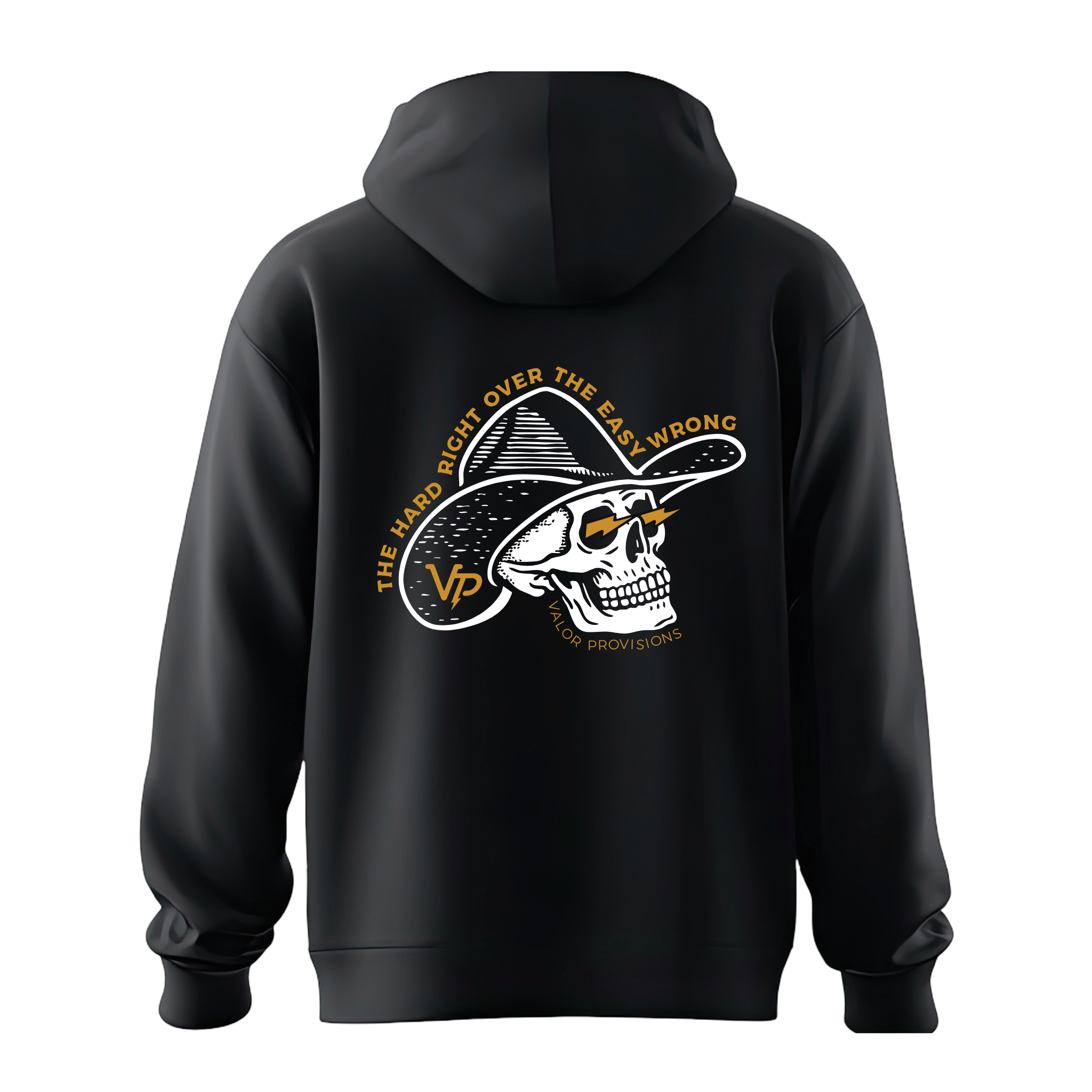 Black hoodie with a skull and hat design on the back, featuring text and a logo.