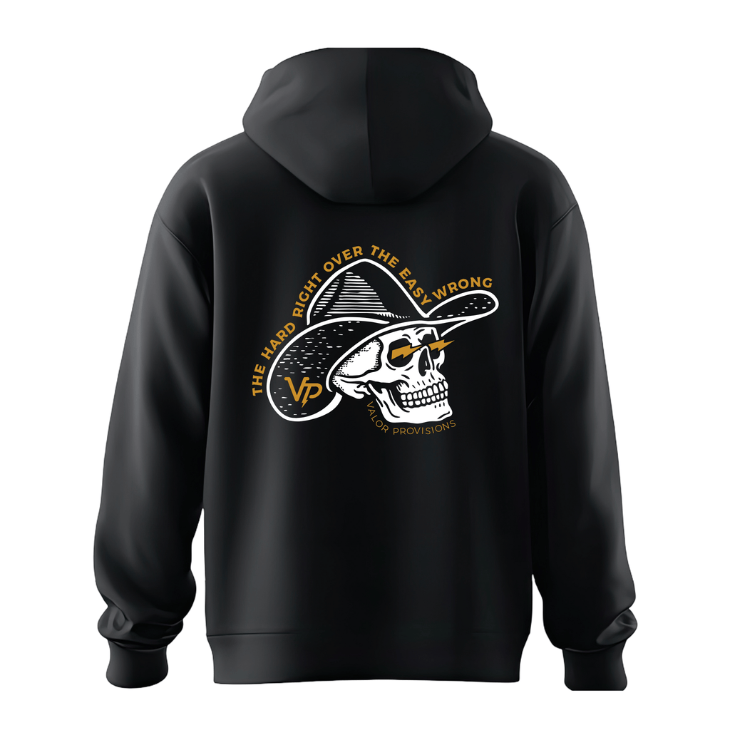 Black hoodie with a skull and hat design on the back, featuring text and a logo.