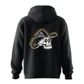 Black hoodie with a skull and hat design on the back, featuring text and a logo.