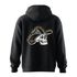 Black hoodie with a skull and hat design on the back, featuring text and a logo.
